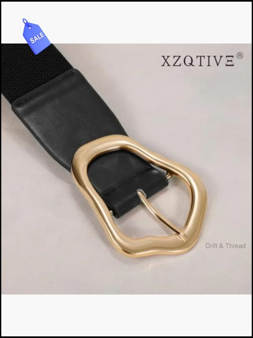 Wide Elastic Waist Belt with Large Gold Buckle Stretchy Leather Waistband